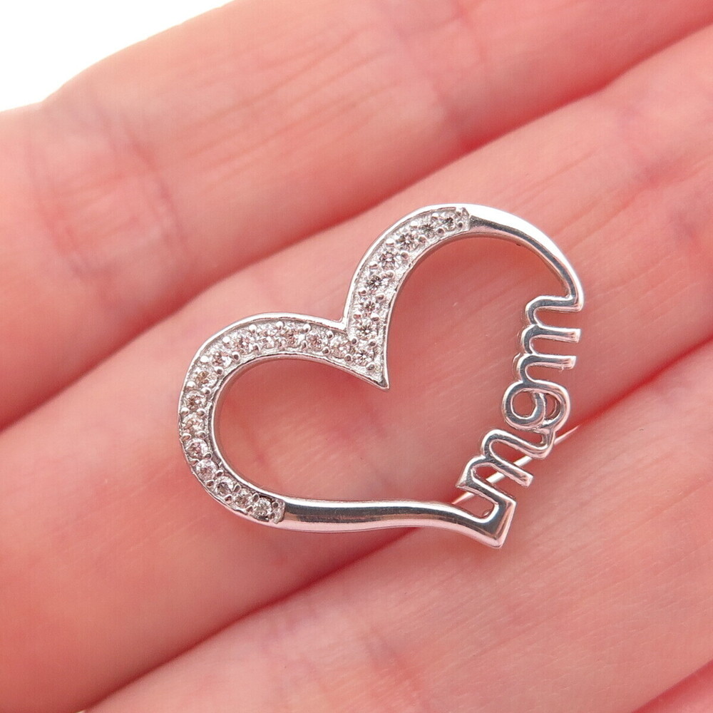 925 Sterling Silver Round-Cut C Z Mom Heart Mini Slide Charm Pendant